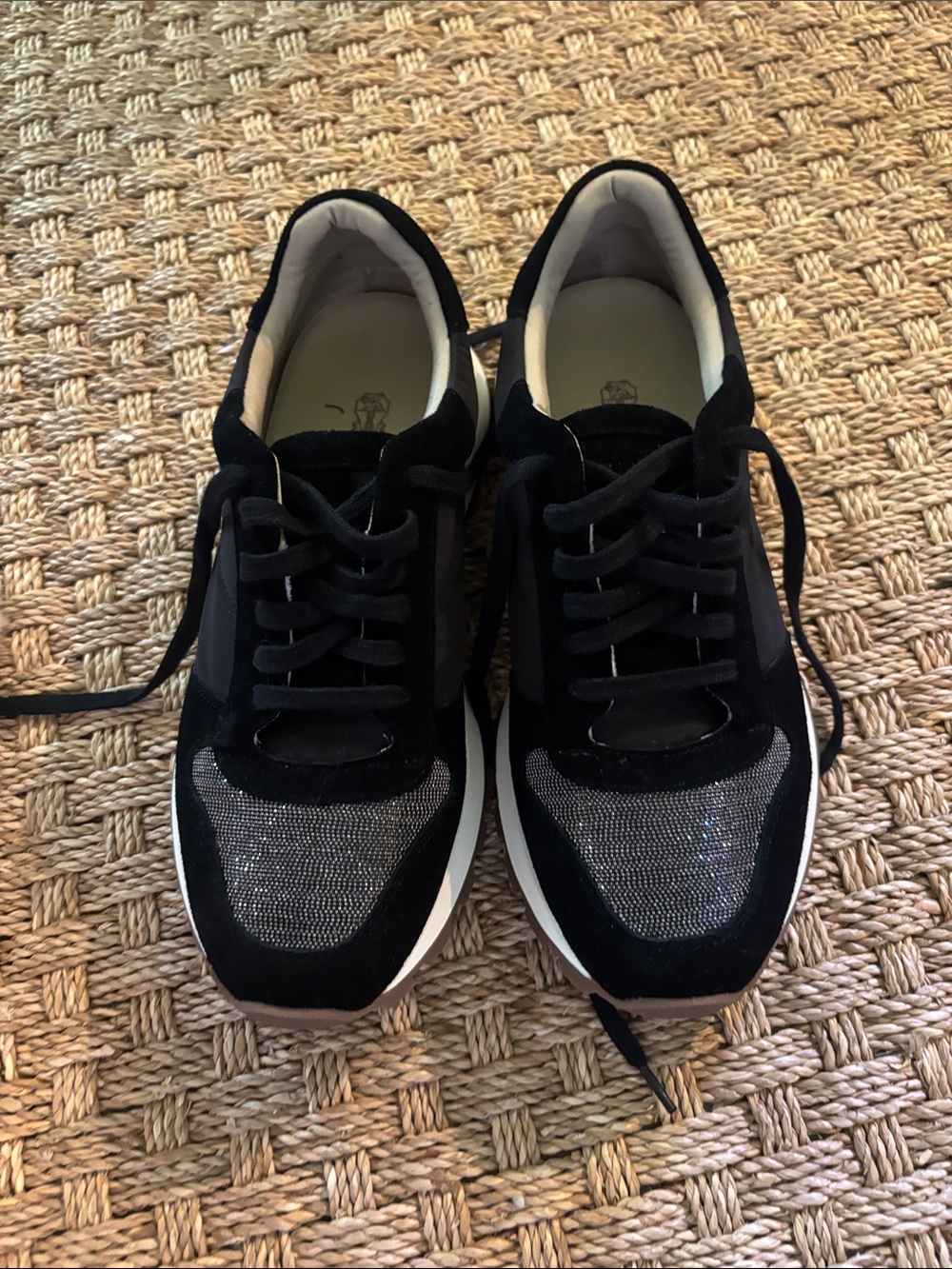 Brunello Cucinelli Black and Silver Sparkle Suede Lace-Up Sneakers